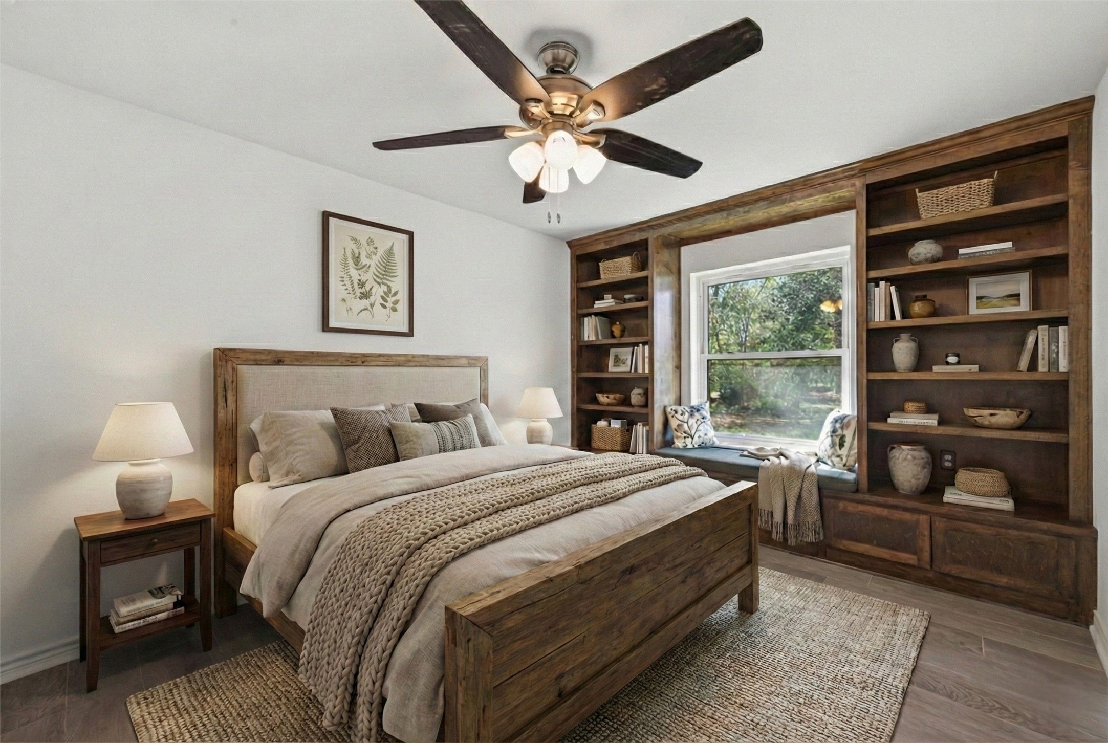 15335 Robin Trail Conroe, TX 77302 - Photo 22 of 38 Virtually staged secondary bedroom #1 featuring wood-look tile, ceiling fan and abundant natural light from a large window. The well-proportioned space features custom built-in shelving surrounding the window with a charming built-in window seat, providing excellent storage and display options. Generous room dimensions easily accommodate a full bedroom suite with additional furniture.