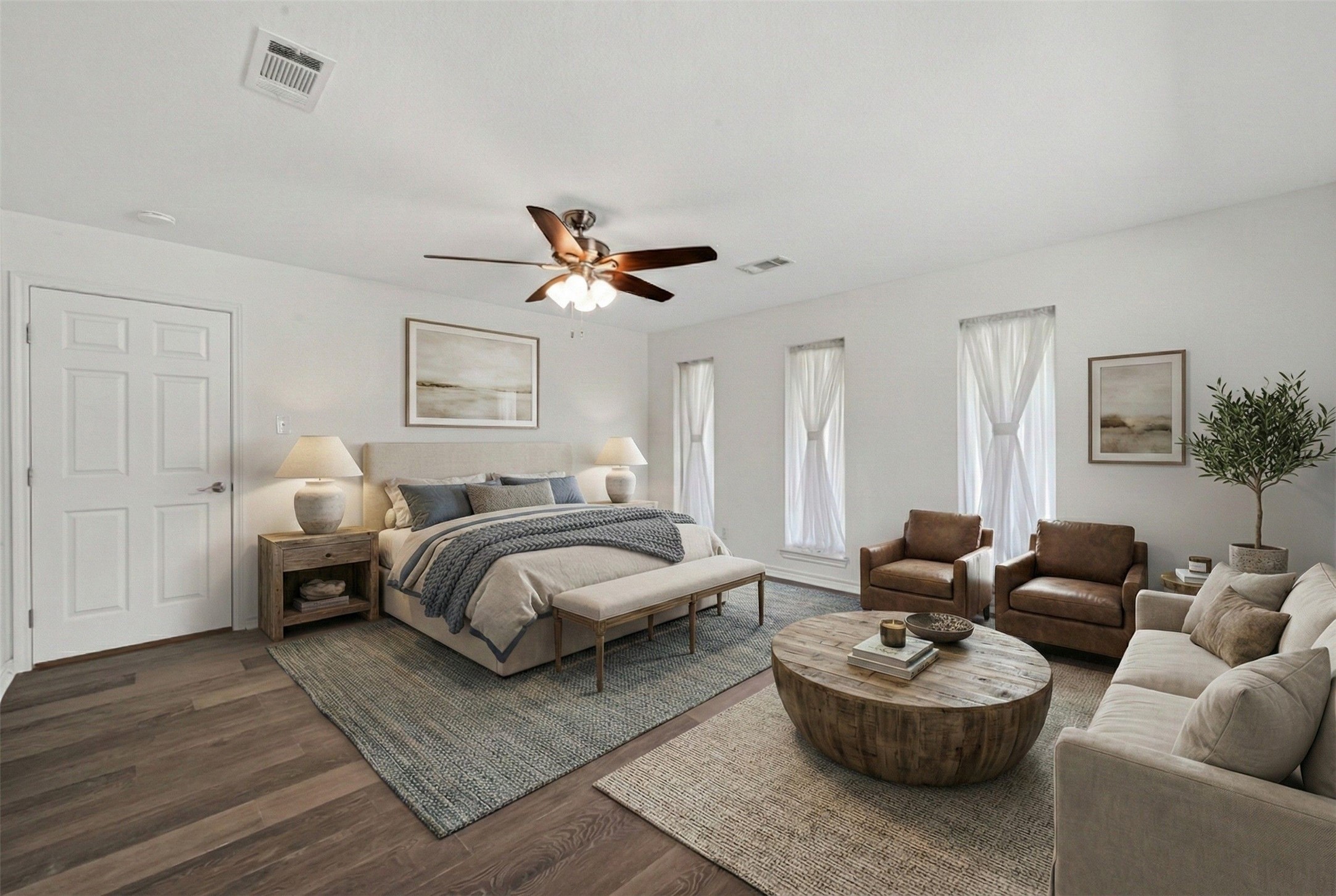 15335 Robin Trail Conroe, TX 77302 - Photo 30 of 38 Versatile flex space with ceiling fan, multiple windows and beautiful wood-look flooring. Virtually staged to serve as a fourth bedroom. The spacious room features abundant natural light and includes a convenient en-suite half bath, making it perfect for guests or multi-generational living. The flexible layout offers endless possibilities to suit your lifestyle needs.