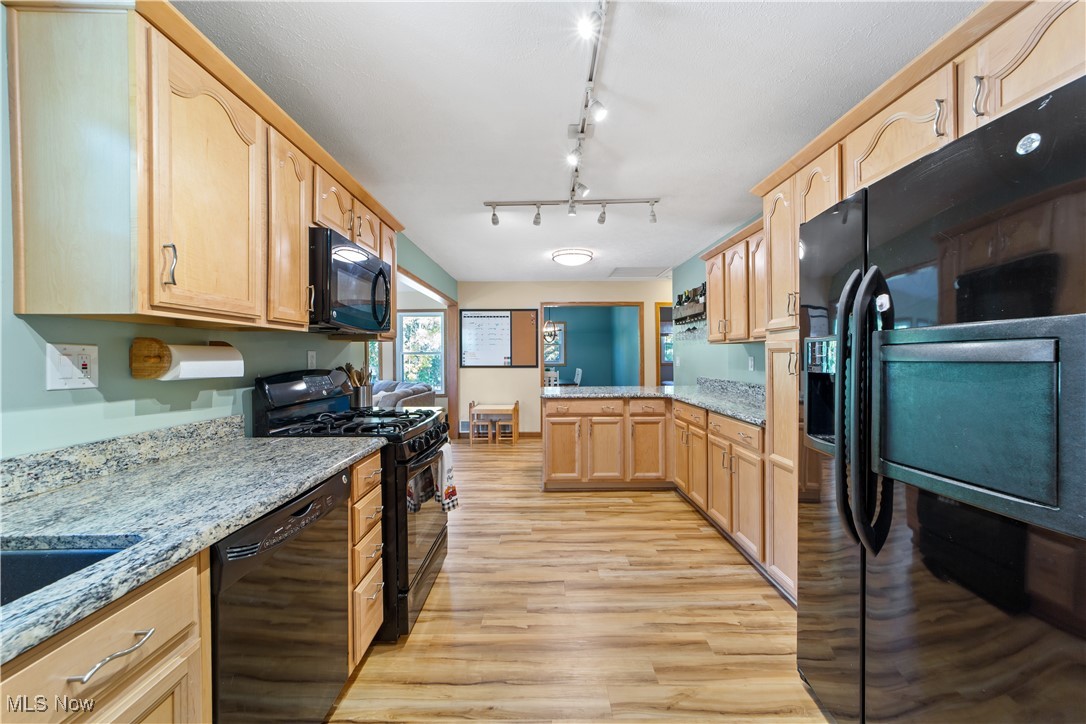 3694 Nichols Road Medina, OH 44256 - Photo 5 of 47 Kitchen featuring black appliances, light brown cabinets, track lighting, light stone counters, and light wood-style flooring