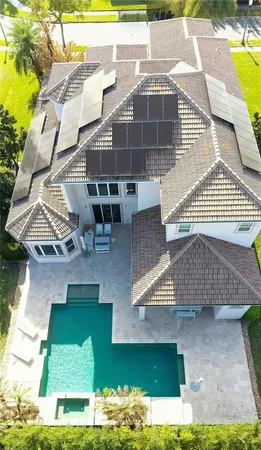 an aerial view of a house with swimming pool