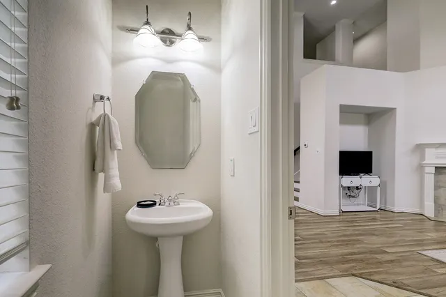 a bathroom with a sink and a mirror