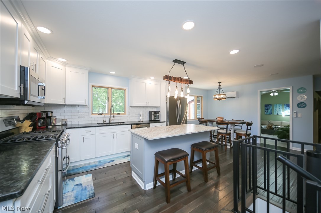 3362 Granger Road Medina, OH 44256 - Photo 14 of 49 Kitchen with stainless steel appliances, pendant lighting, dark hardwood / wood-style flooring, a kitchen island, and sink