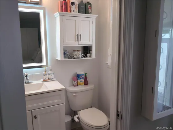 a bathroom with a toilet sink vanity and mirror