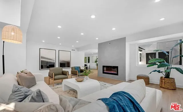 a living room with furniture fireplace and potted plant
