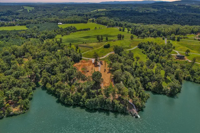 an aerial view of a houses with outdoor space and trees all around