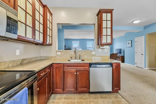 a kitchen with stainless steel appliances granite countertop a sink and a stove