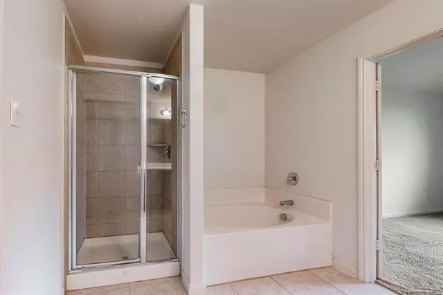 a bathroom with a bathtub and a shower