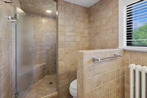 a bathroom with a shower and toilet