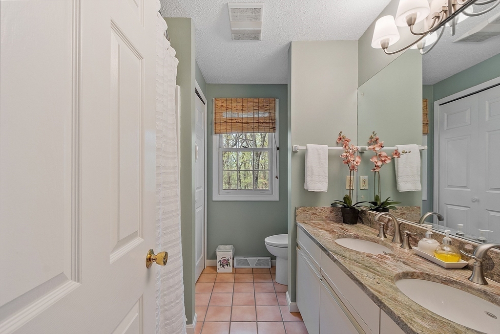 187 Turnpike Road, Unit 187 Chelmsford, MA 01824 - Photo 28 of 42 a bathroom with a granite countertop sink a toilet and mirror