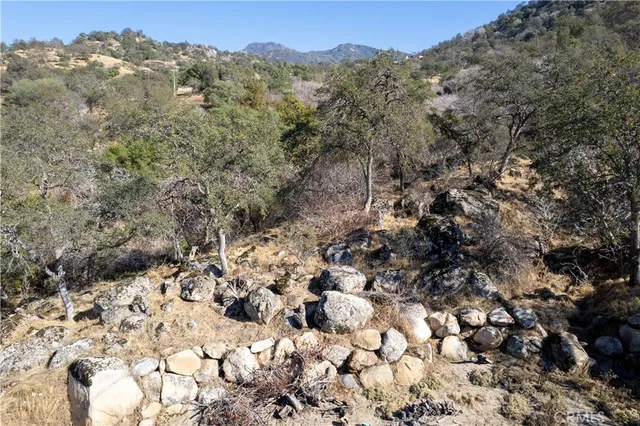 an aerial view of mountain with yard