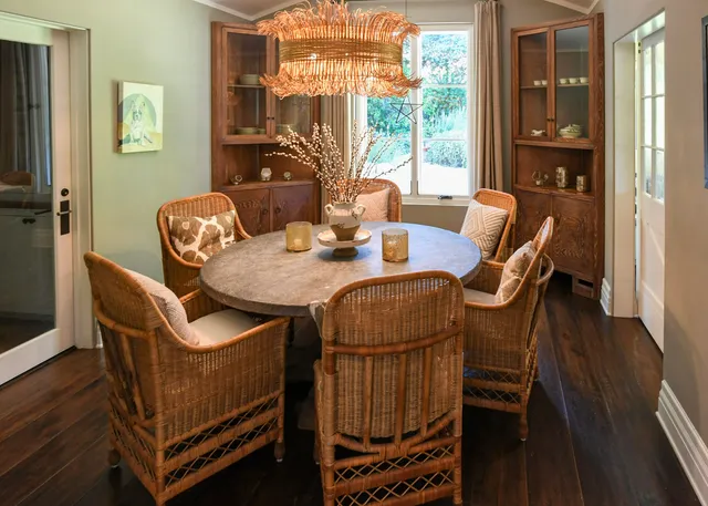 a view of a dining room with furniture window and wooden floor