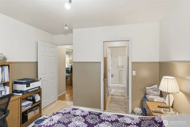 a bedroom with a bed and furniture