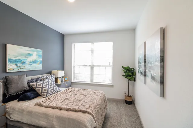 a bedroom with a large bed and a window