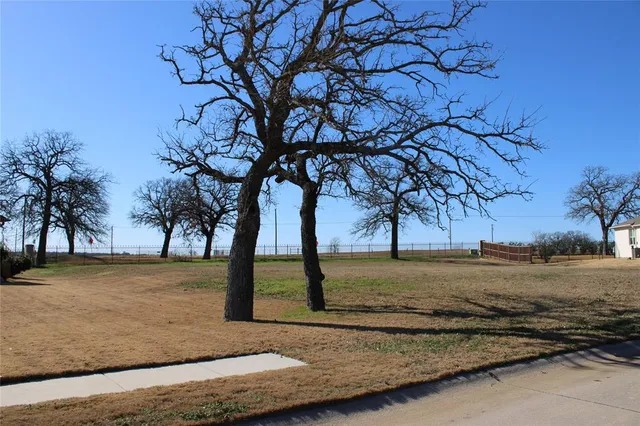 a view of a yard with wooden fence