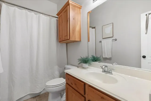 a bathroom with a sink a toilet and shower curtain