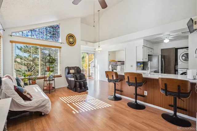 a view of a dining room with furniture