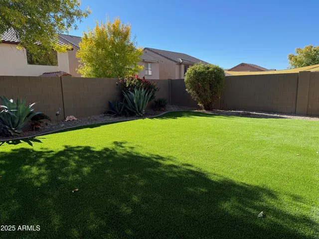 a view of a backyard with potted plants and a large tree