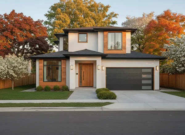 a front view of a house with a yard and garage