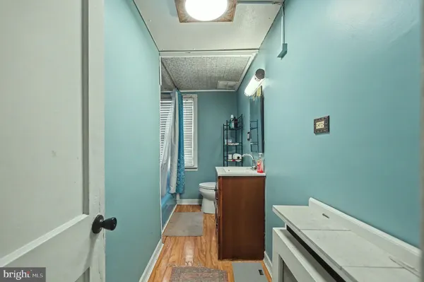 a bathroom with a sink a toilet and shower curtain