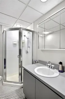 a bathroom with a sink shower and a mirror