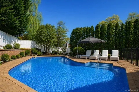 a view of swimming pool with seating space and palm tree