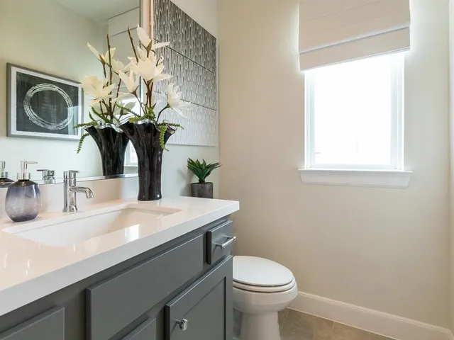 a bathroom with a sink a toilet and a mirror