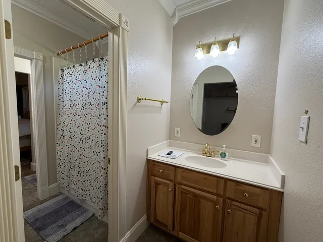 a bathroom with a sink mirror and shower