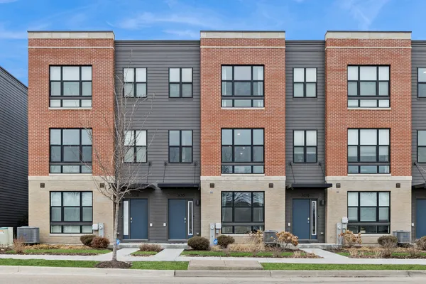 a front view of a brick building