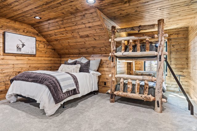 2031 South Quakie Road Koosharem, UT 84744 - Photo 26 of 33 Wood-paneled walls and ceiling, recessed lighting, and soft gray carpeting