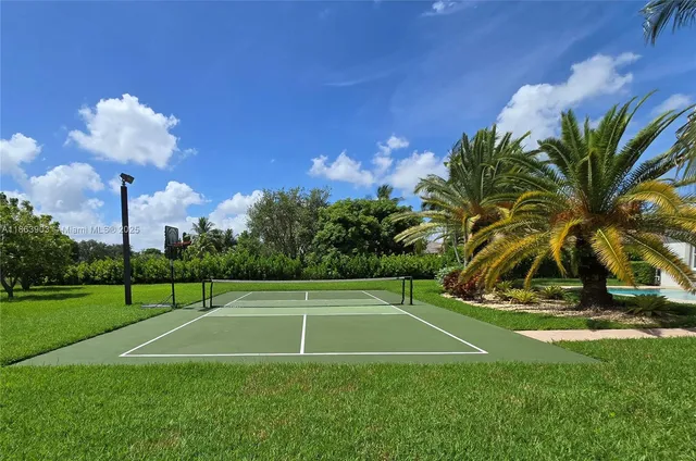 a view of a swimming pool with a yard