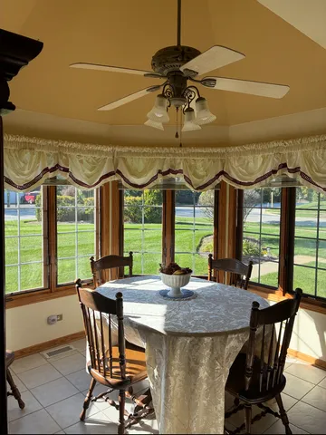 a view of a dining room with furniture window and outside view