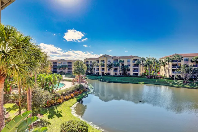 a view of a lake with a city