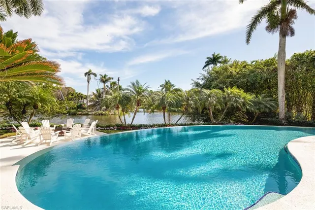 a view of a swimming pool with a yard