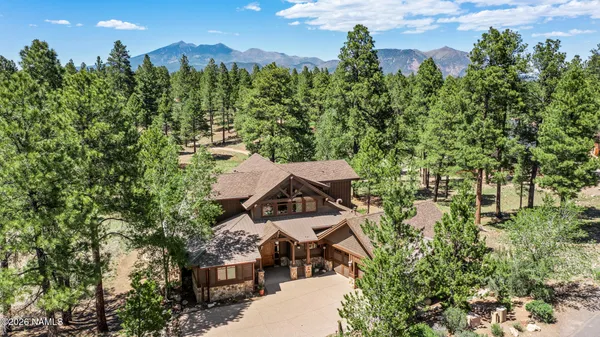 an aerial view of a house with a yard and trees