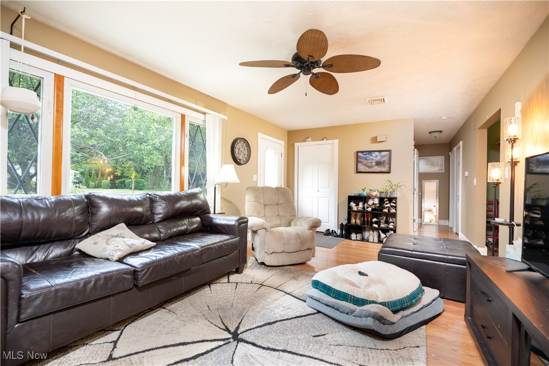 Living room featuring light hardwood / wood-style flooring and ceiling fan