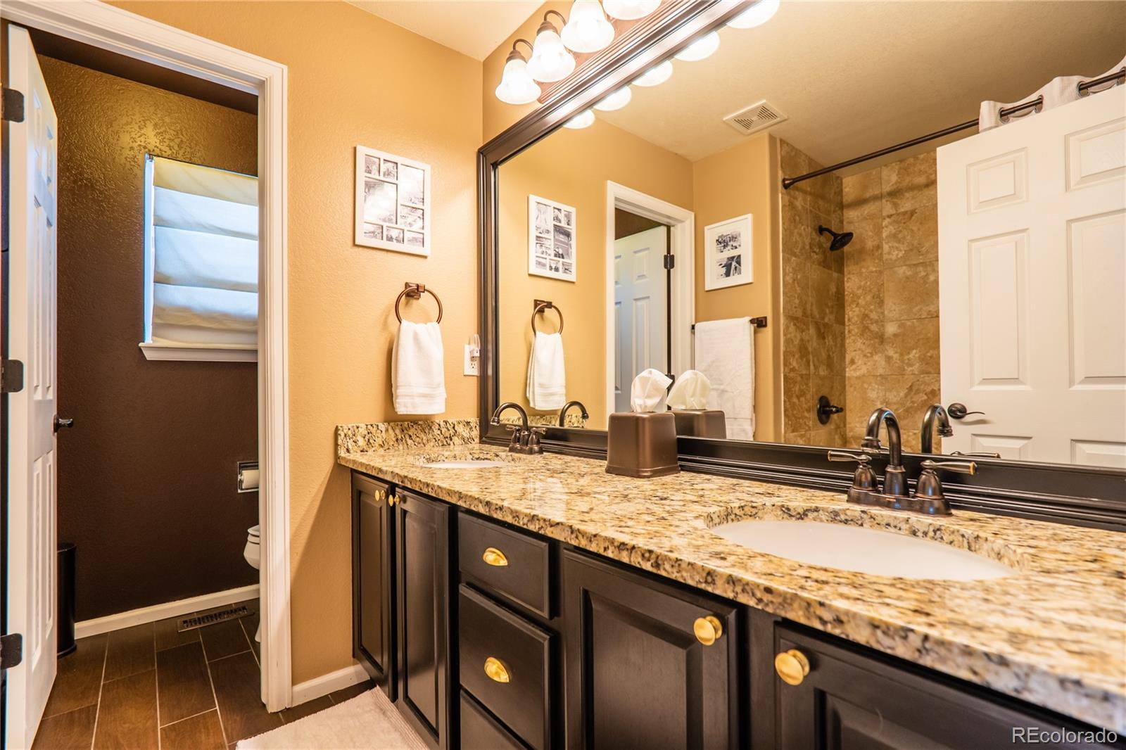 10857 Hickory Ridge Street Highlands Ranch, CO 80126 - Photo 26 of 40 a bathroom with a granite countertop double vanity sink and a mirror