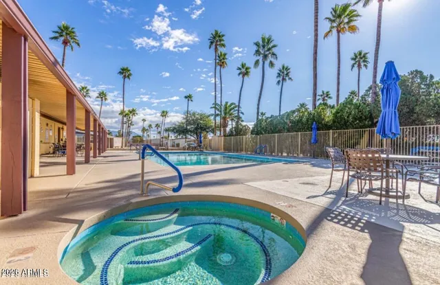 a view of a swimming pool with a patio and a garden
