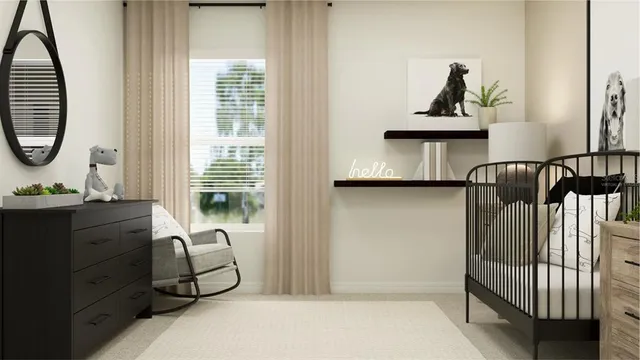 a bedroom with a bed and a night stand