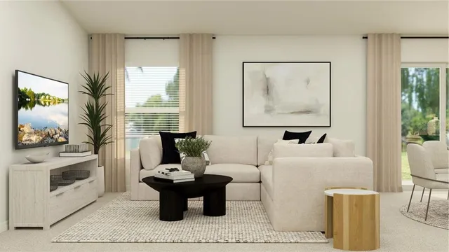 a living room with furniture and a large mirror