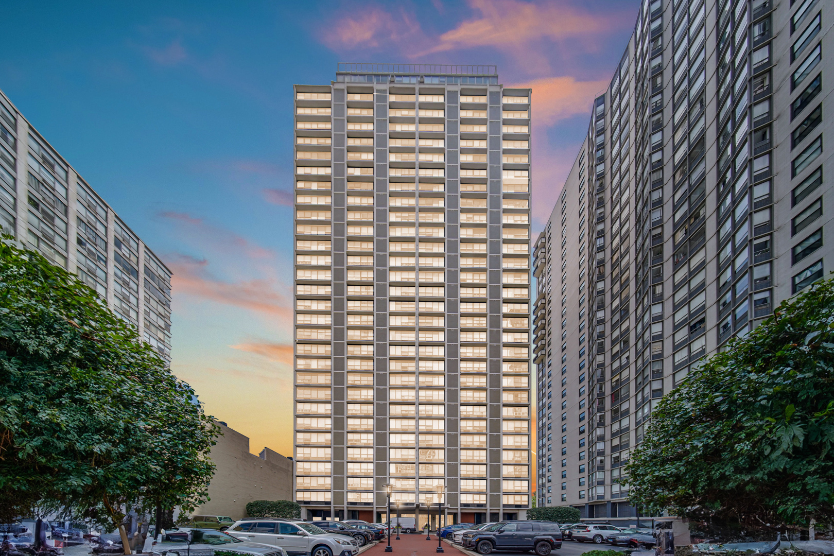 a view of a building with a tree