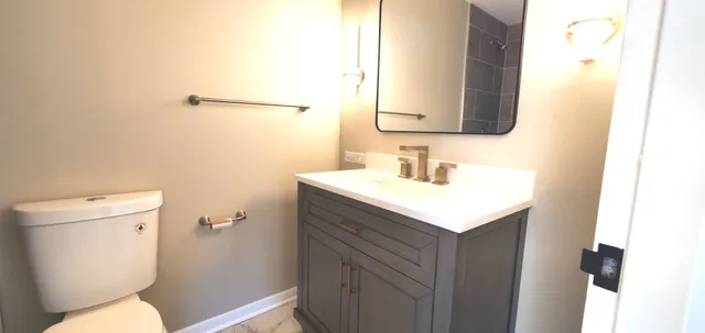 a bathroom with a sink toilet and mirror