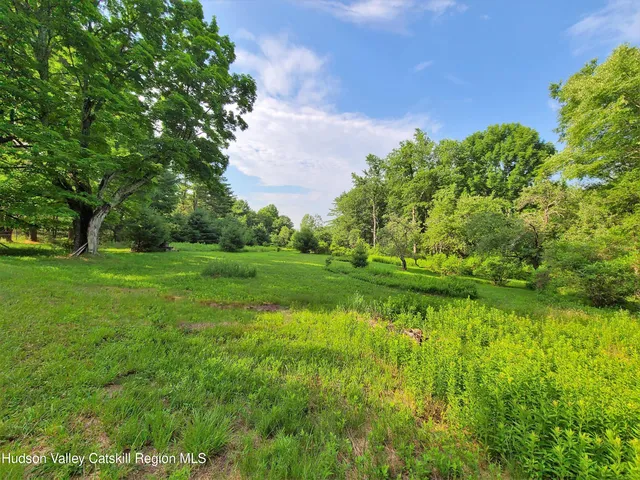 a backyard of a house with lots of green space and garden