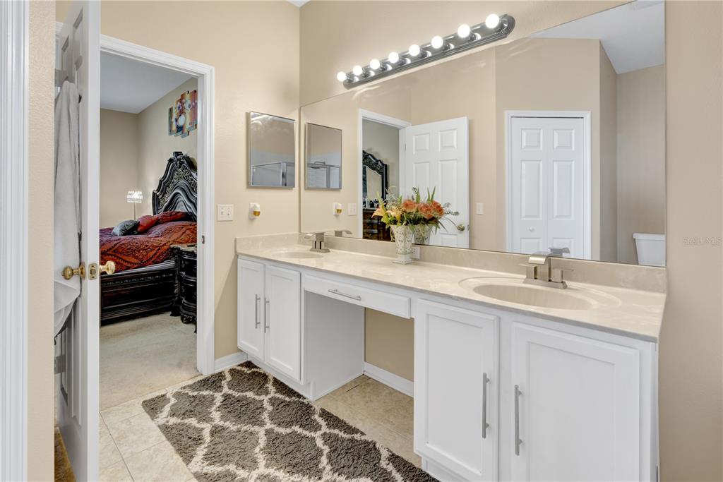 12847 Solola Way Trinity, FL 34655 - Photo 29 of 39 a en suite bathroom with a double vanity sink and a mirror