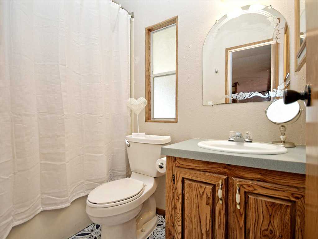 223 Golf Course Drive Spicewood, TX 78669 - Photo 16 of 38 a bathroom with a sink a toilet and a mirror