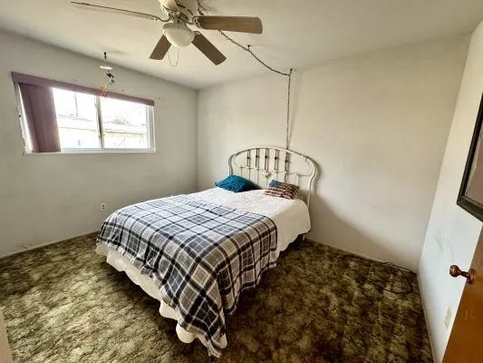 a bedroom with a bed and a window