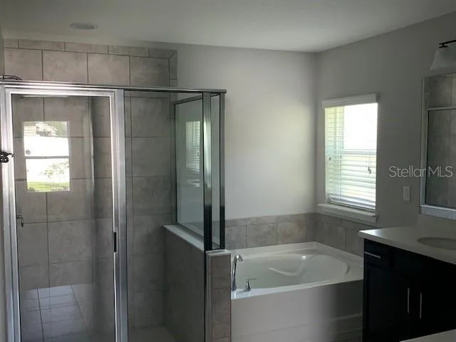 a bathroom with a bathtub a shower a sink and a window