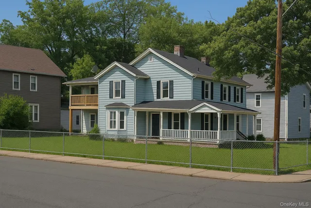 a front view of a house with a yard and potted plants