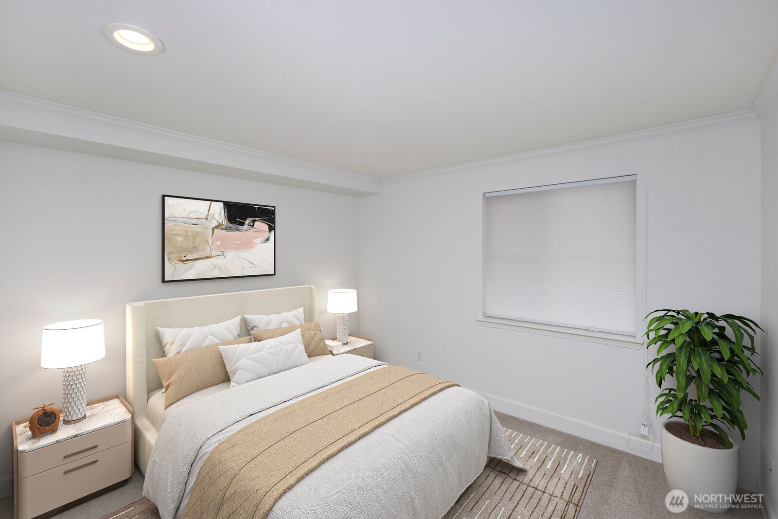 3901 Fremont Avenue North, Unit 202 Seattle, WA 98103 - Photo 16 of 23 a bedroom with a bed and a potted plant