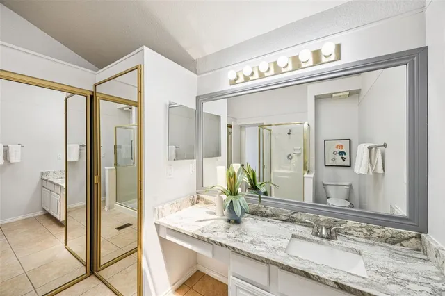 a bathroom with a granite countertop sink mirror and a shower