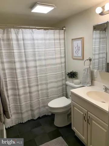 a bathroom with a sink a toilet and shower curtain